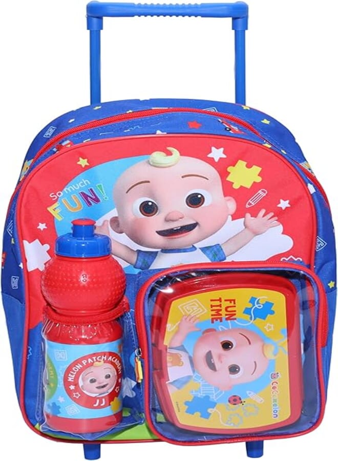 Cocomelon Kids School Set – 3-Piece Rolling Trolley Backpack 14 with Lunch Box & Water Bottle – Cartoon Character Design